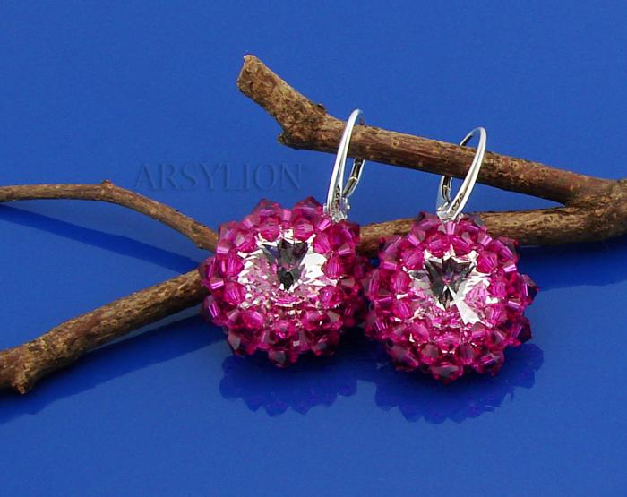 srebrne fuksja kolczyki z markowych kryształów bicone Fuchsia i rivoli Crystal Comet Argrnt Light (CAL)