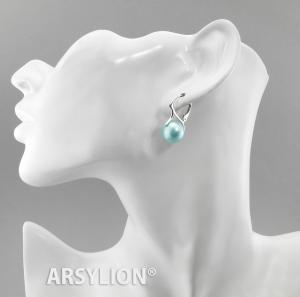 srebrne kolczyki z błękitnymi kryształowymi perłami 12mm kolor azore
