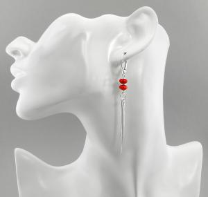 ARSYLION srebrne długie kolczyki koral czerwony ceglasty z łańcuszkami 779