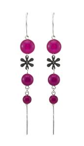 ARSYLION długie srebrne kolczyki jadeit fuksja kule z kwiatkiem łańcuszek 276