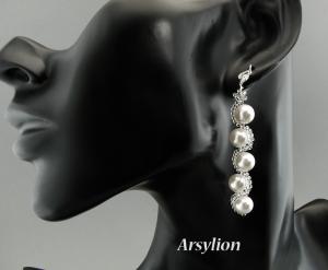 srebrne kolczyki z 8mm kryształowymi perłami w kolorze white  i koralikami toho