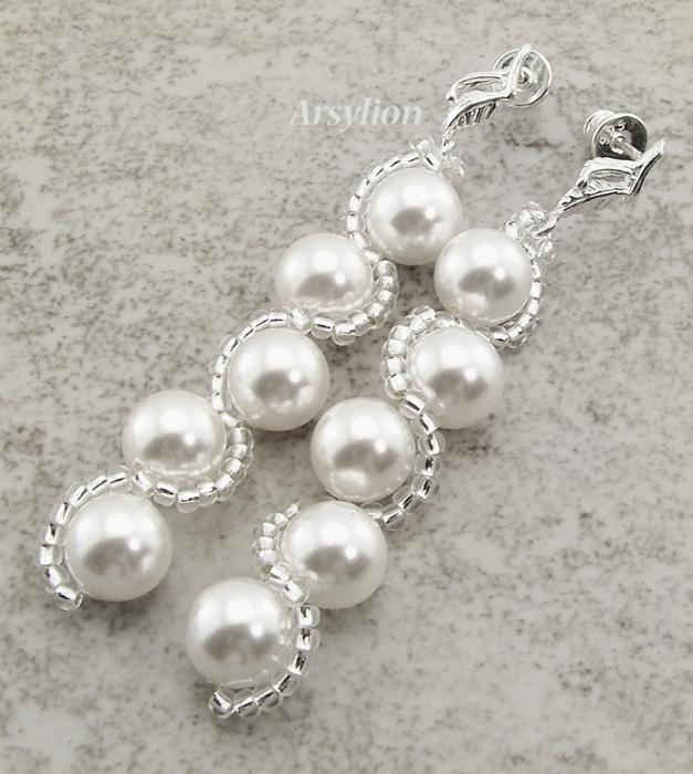 srebrne kolczyki z 8mm kryształowymi perłami w kolorze white  i koralikami toho