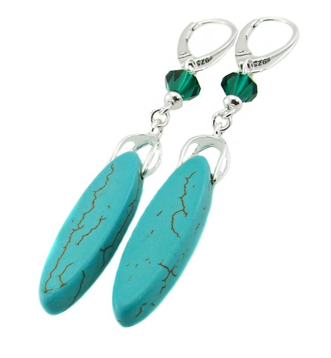długie srebrne kolczyki turkus z markowymi oryginalnymi kryształkami emerald Swarovski