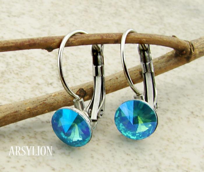 kolczyki stalowe rivoli aquamarine blue