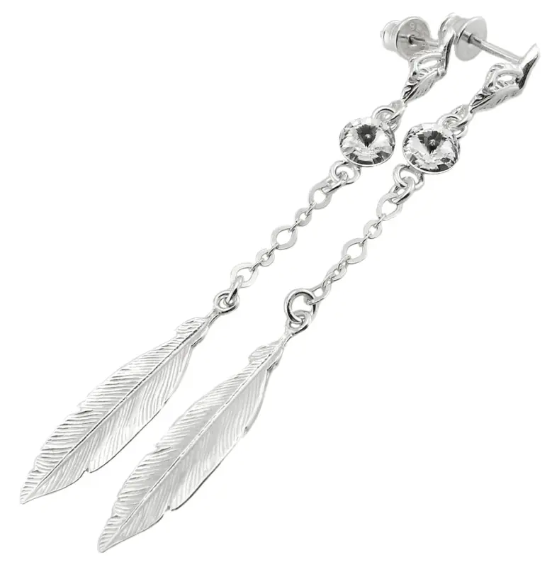 kolczyki  piórko na łańcuszku z kryształkami Swarovski crystal f