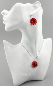czerwony komplet rivoli siam ruby w oplocie z koralików toho