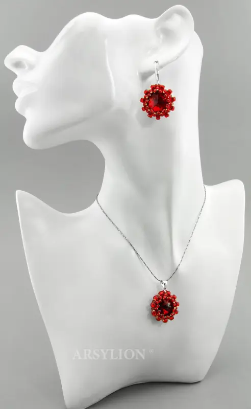 czerwony komplet rivoli siam ruby w oplocie z koralików toho