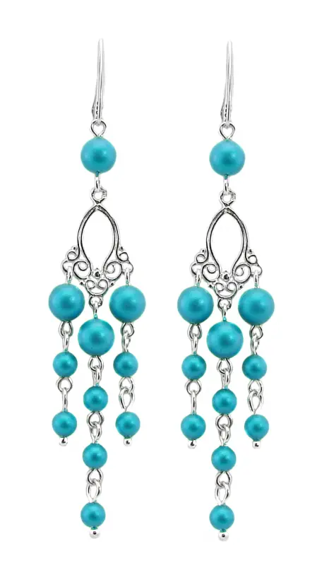 długie turkusowe kolczyki z kryształowymi  perełkami iridescent dark turquoise