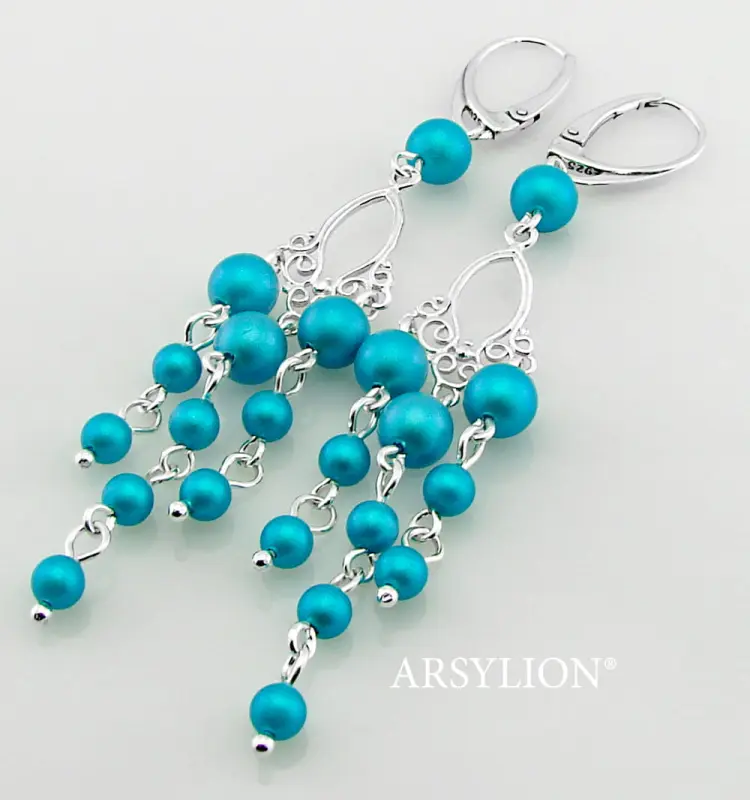 długie turkusowe kolczyki z kryształowymi  perełkami iridescent dark turquoise