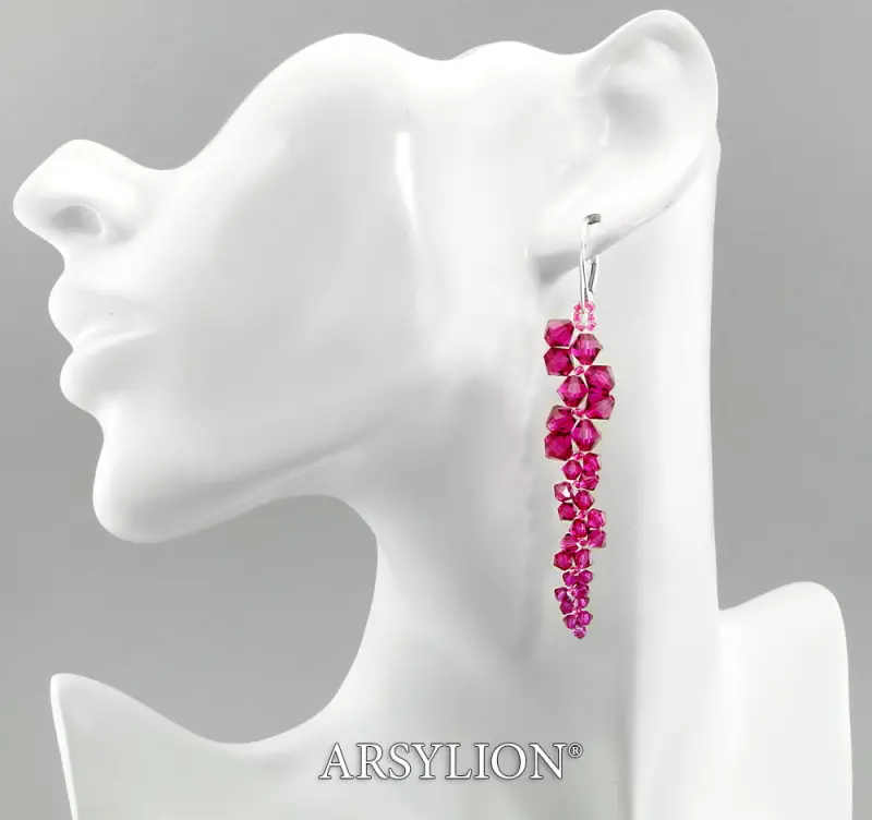 kolczyki gałązki z oryginalnymi kryształkami fuchsia