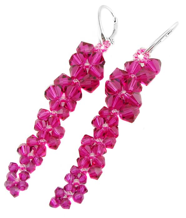 kolczyki gałązki z oryginalnymi kryształkami fuchsia