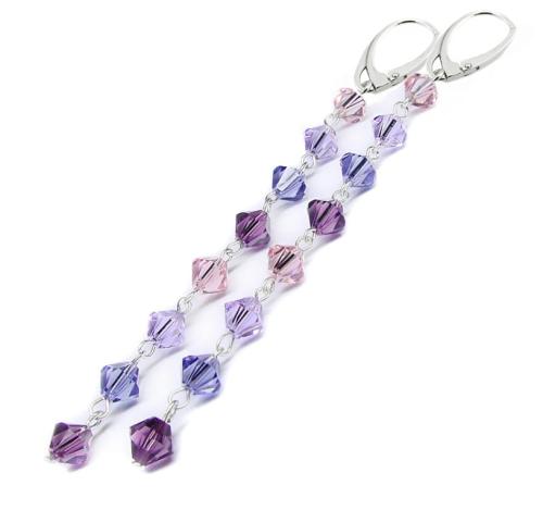 kolczyki z oryginalnymi kryształkami w odcieniach fioletu różu i ametystu