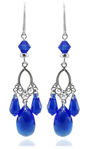 długie kolczyki z oryginalnymi kryształkami majestic blue na filigranie