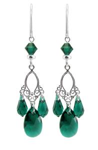 długie kolczyki z oryginalnymi kryształkami emerald na filigranie 925