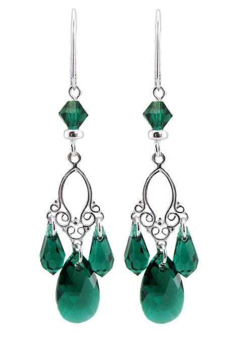 długie kolczyki z oryginalnymi kryształkami emerald na filigranie 925