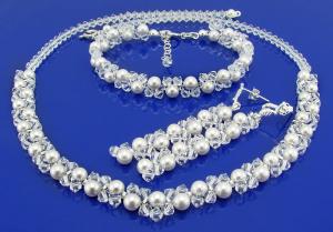 srebrny komplet z oryginalnymi kryształkami Crystal i perełkami White