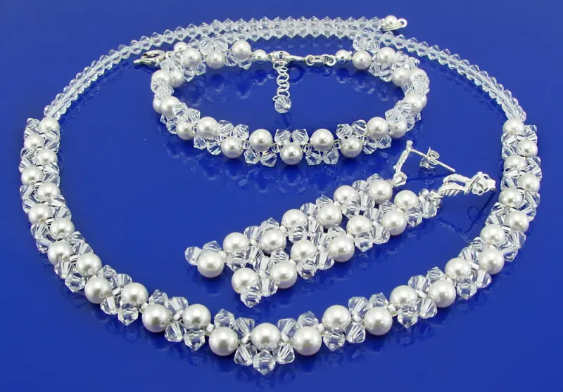 srebrny komplet z oryginalnymi kryształkami Crystal i perełkami White