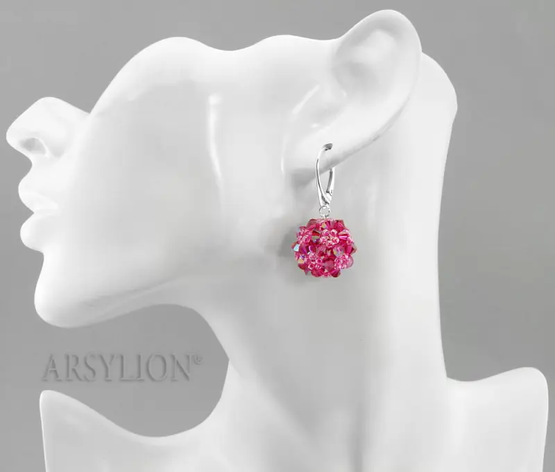 fuksjowe  błyszczące kolczyki plecione kule z kryształkami glitter fuchsia