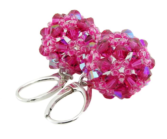fuksjowe  błyszczące kolczyki plecione kule z kryształkami glitter fuchsia