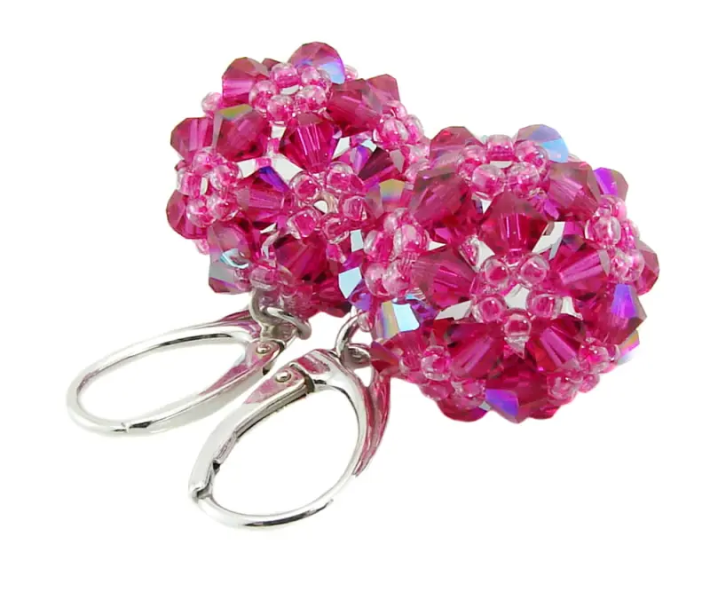 fuksjowe  błyszczące kolczyki plecione kule z kryształkami glitter fuchsia