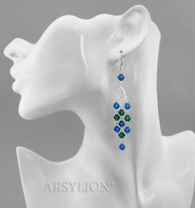 srebrne długie kolczyki z oryginalnymi kryształami emerald i capri blue