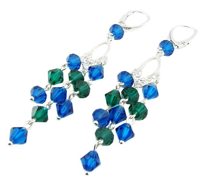 srebrne długie kolczyki z oryginalnymi kryształami emerald i capri blue