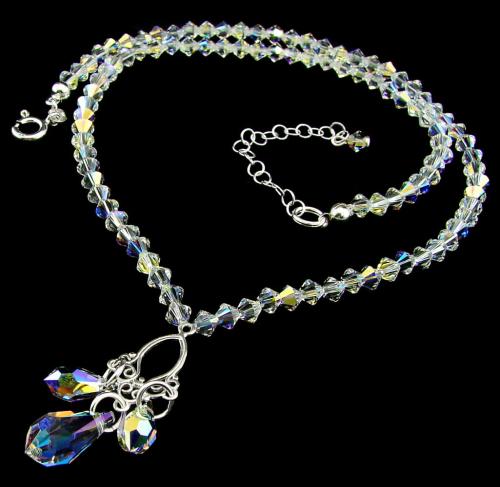 opalizujący srebrny naszyjnik z oryginalnymi kryształkami crystal ab z sopelkami sopelki