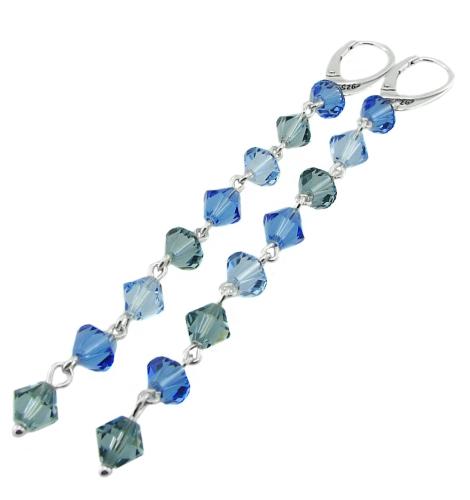 srebrne długie kolczyki z kryształkami sapphire łańcuszki