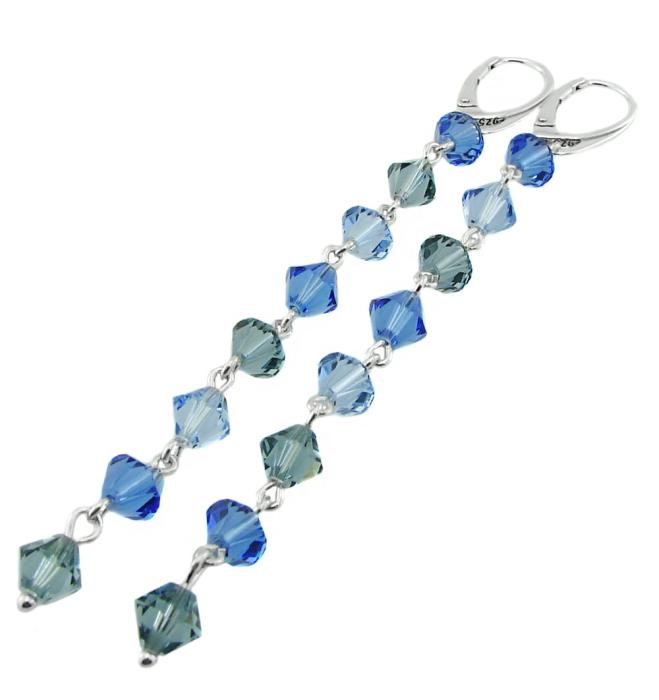 srebrne długie kolczyki z kryształkami sapphire łańcuszki