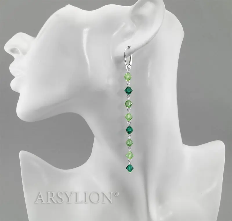 srebrne długie kolczyki z kryształkami emerald peridot erinite łańcuszki