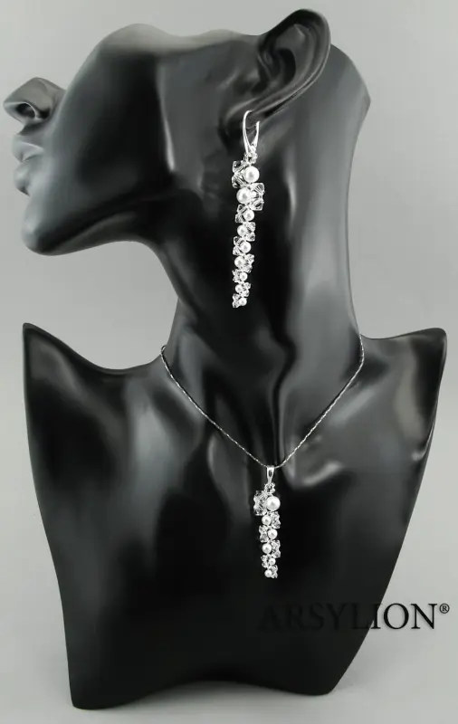 srebrny komplet z kryształowymi oryginalnymi perełkami white i kryształkami crystal