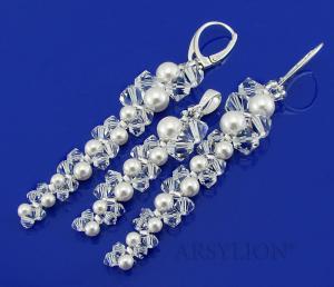srebrny komplet z kryształowymi oryginalnymi perełkami white i kryształkami crystal