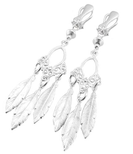 srebrne 6cm klipsy 3 piórka na filigranie