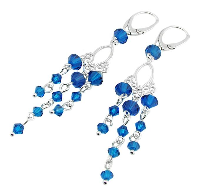 srebrne długie szafirowe kolczyki z oryginalnymi kryształami capri blue