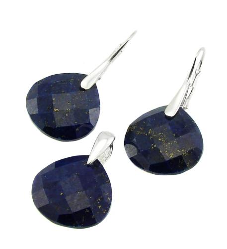 srebrny komplet z kamienia apis lazuli z pirytem w kształcie fasetowanej łezki