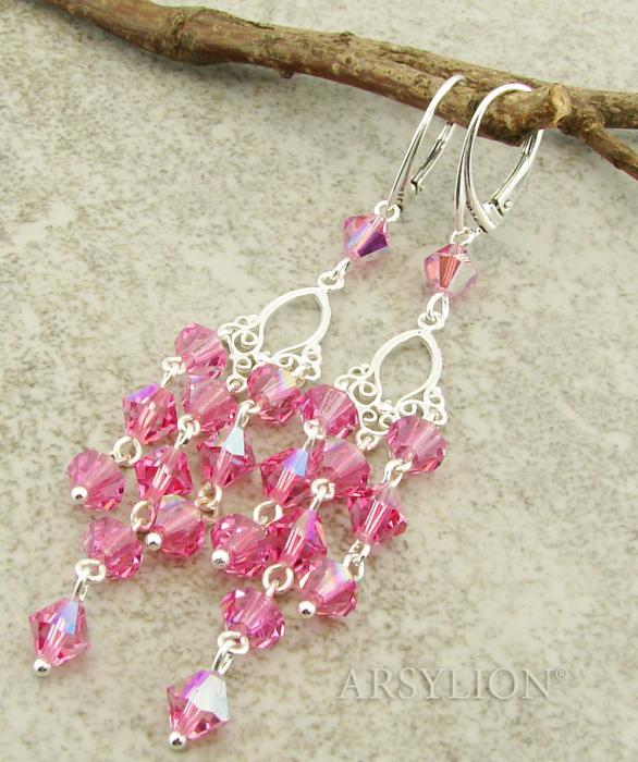 różowe kolczyki błyszczące rose glitter filigran srebro