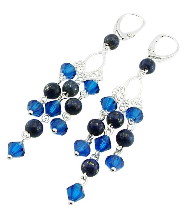 długie srebrne kolczyki lapis lazuli z oryginalnymi kryształkami capri blue