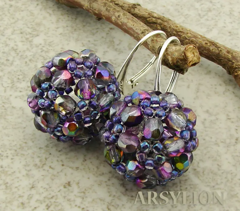 srebrne kolczyki z fioletowymi koralikami fire polish crystal magic purple