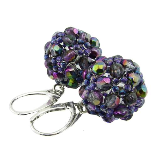 srebrne kolczyki z fioletowymi koralikami fire polish crystal magic purple