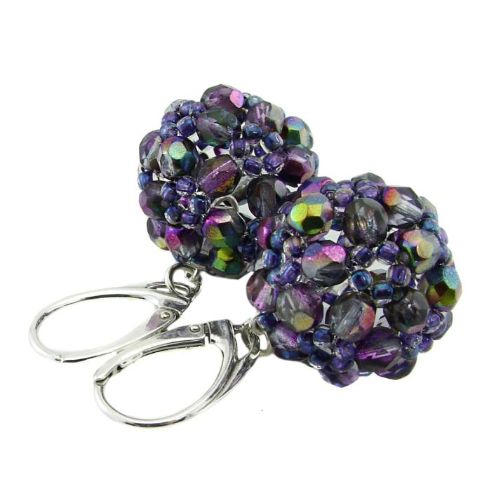 srebrne kolczyki z fioletowymi koralikami fire polish crystal magic purple