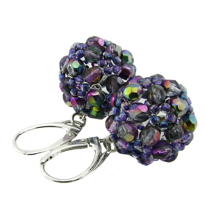 srebrne kolczyki z fioletowymi koralikami fire polish crystal magic purple