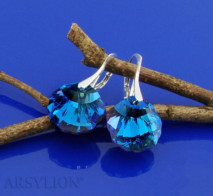 srebrne kolczyki muszelki shell kolor bermuda blue