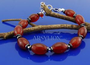 srebrna bransoletka z kamieni karneol oliwki oraz krążków hematytu