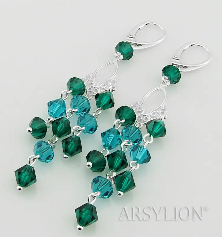 kolczyki srebrne z oryginalnymi kryształkami bicone kolor emerald i blue zircon na ozdobnym filigranie