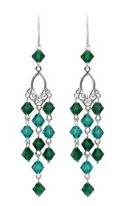 kolczyki srebrne z oryginalnymi kryształkami bicone kolor emerald i blue zircon na ozdobnym filigranie