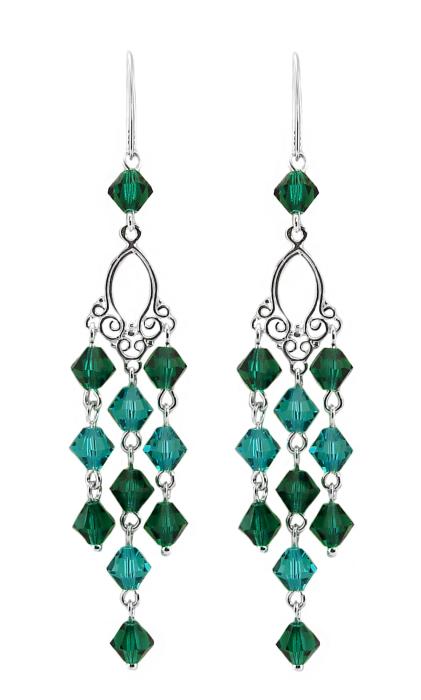 kolczyki srebrne z oryginalnymi kryształkami bicone kolor emerald i blue zircon na ozdobnym filigranie