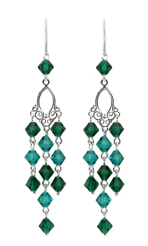 kolczyki srebrne z oryginalnymi kryształkami bicone kolor emerald i blue zircon na ozdobnym filigranie