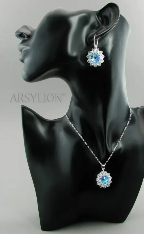 niebiesko kryształowy komplet z oryginalnymi kryształkami rivoli ocean delite i bicone crystal