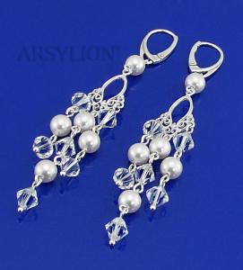 srebrne długie kolczyki z oryginalnymi kryształkami crystal i kryształowymi perłami white