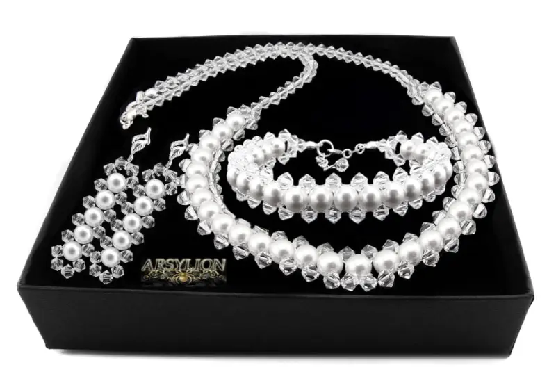 Komplet z kryształkami crystal i białymi perełkami